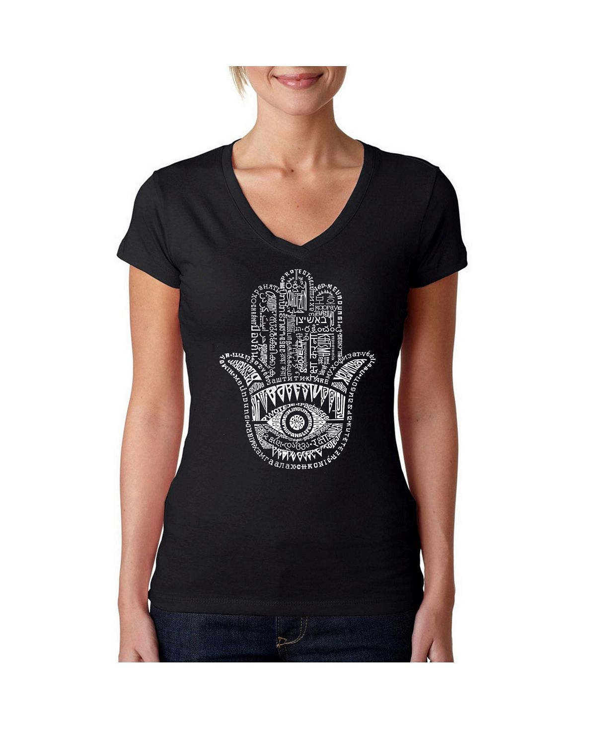 Женская футболка word art с v-образным вырезом - хамса LA Pop Art, черный 250г тхина hamsa