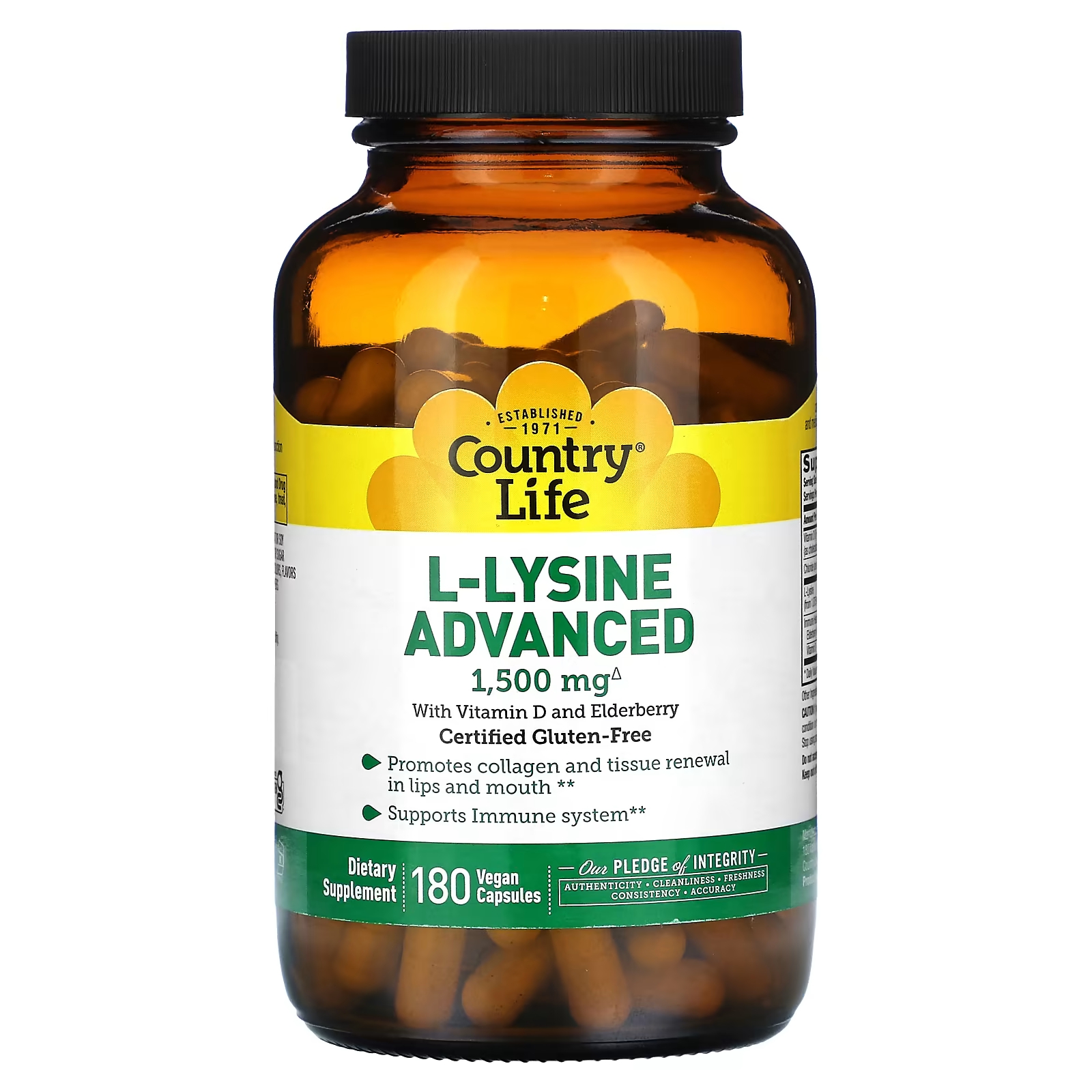 L-лизин Country Life Advanced 1500 мг, 180 веганских капсул