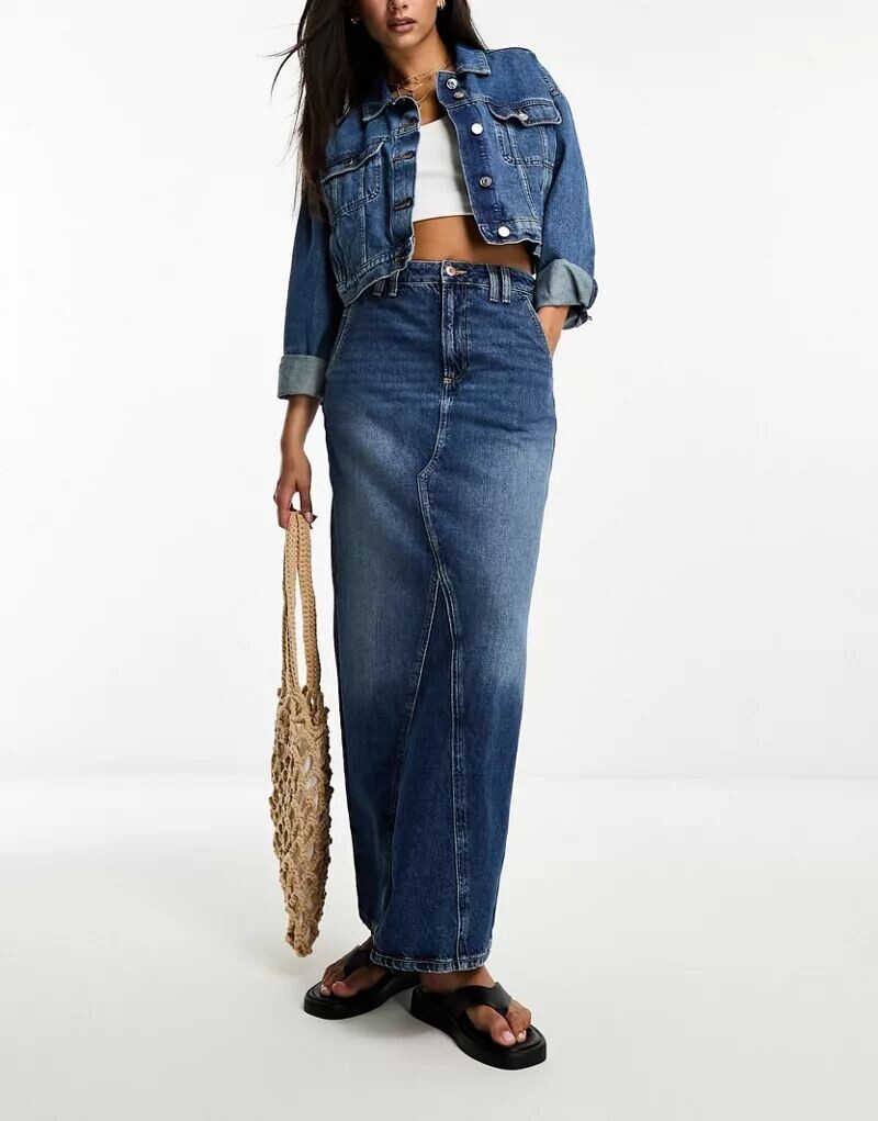 

Темная длинная джинсовая юбка с прострочкой River Island