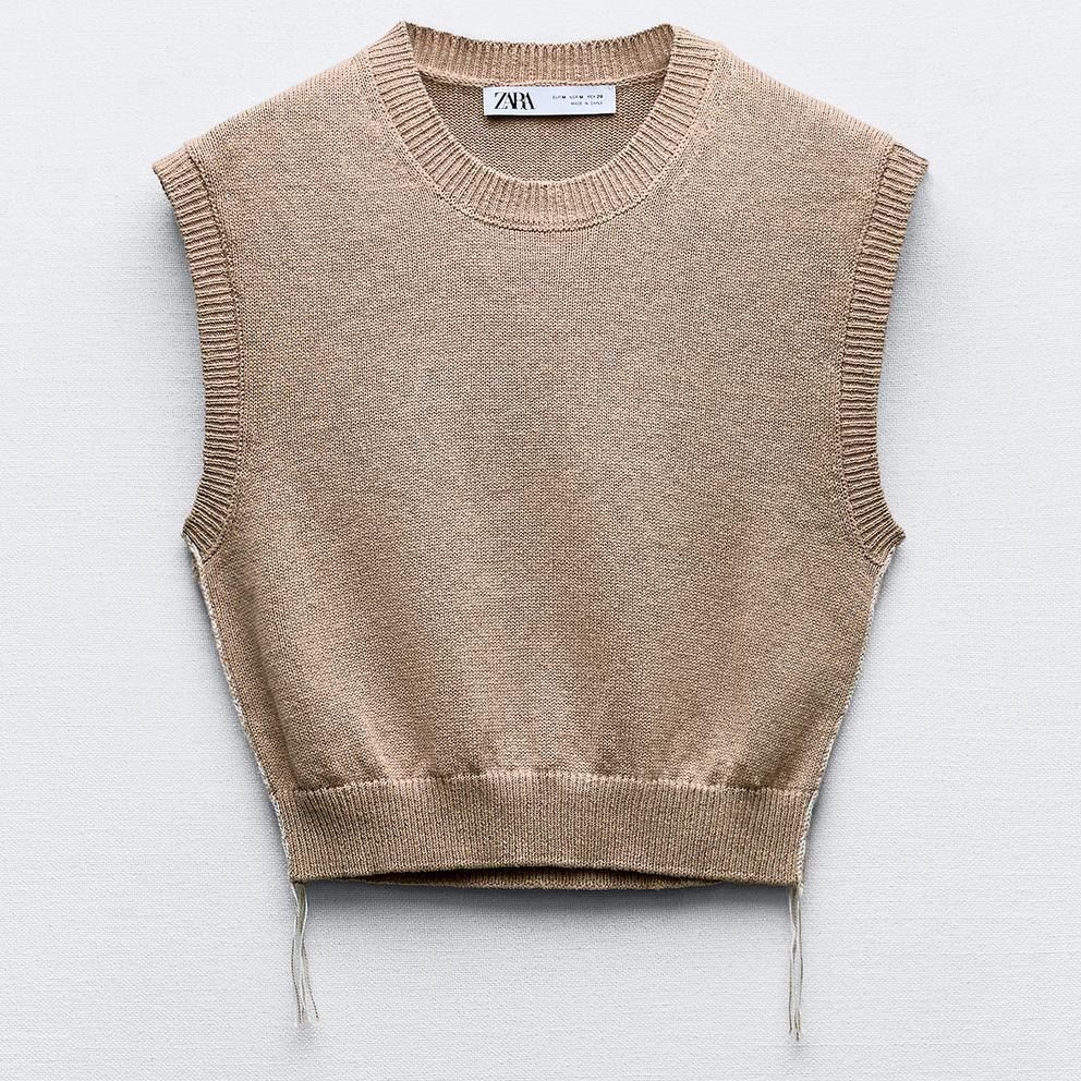 Топ Zara Knit With Contrast Topstitching, бежевый блейзер zara oversize with topstitching рыжевато коричневый