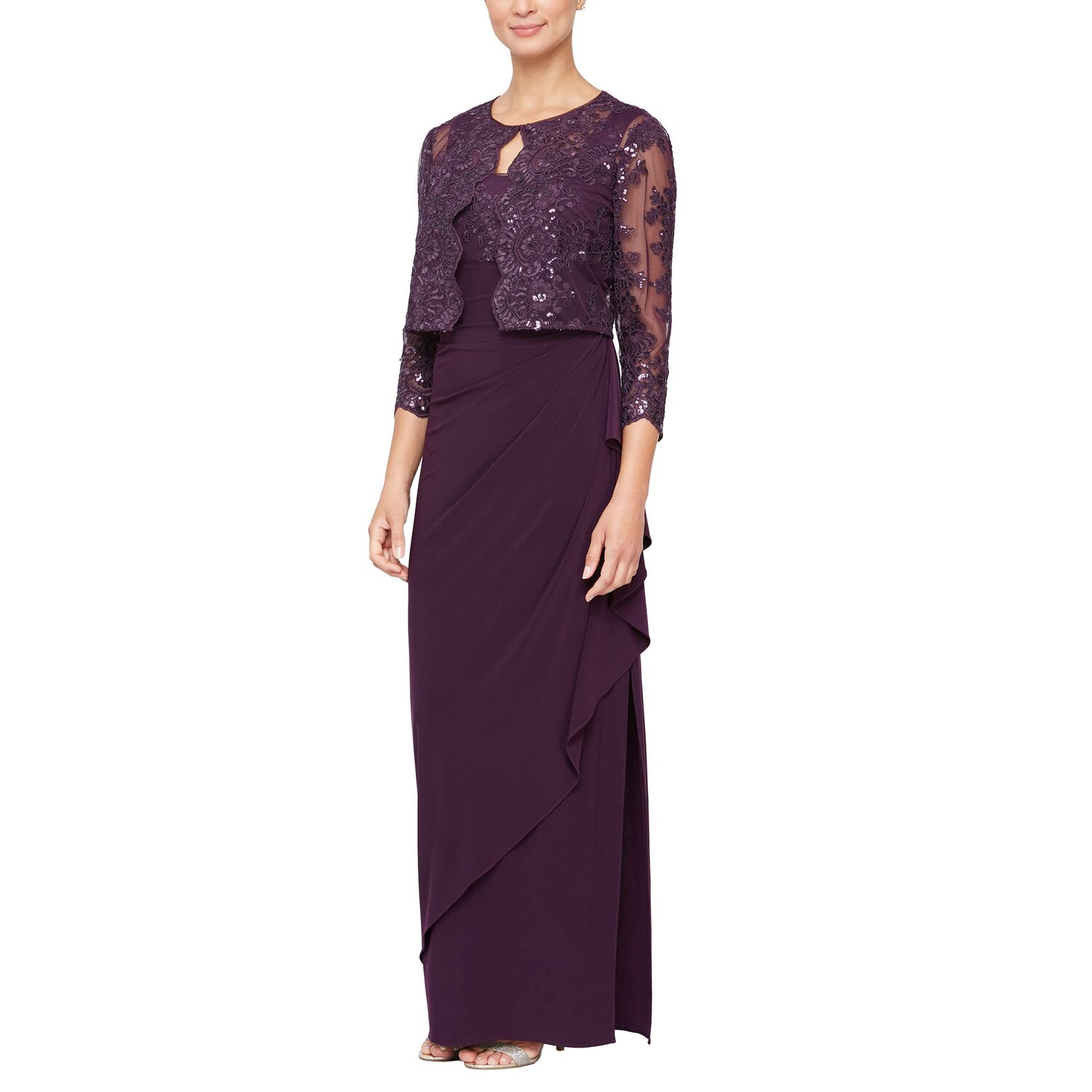 

Платье Alex Evenings, Long Empire Waist Embroidered Jacket Dress with Jacket and Cascade Detail Skirt