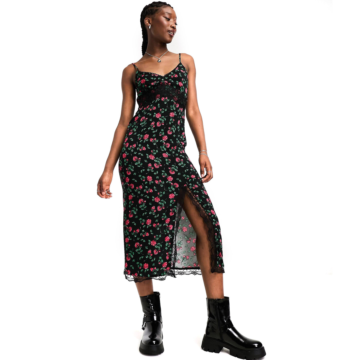

Платье New Look Strappy Midi In Lace And Rose Print, черный/мультиколор
