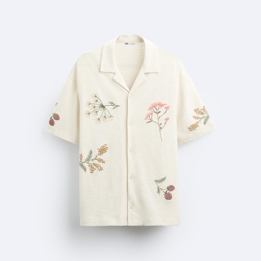Рубашка Zara Floral Embroidered, кремовый