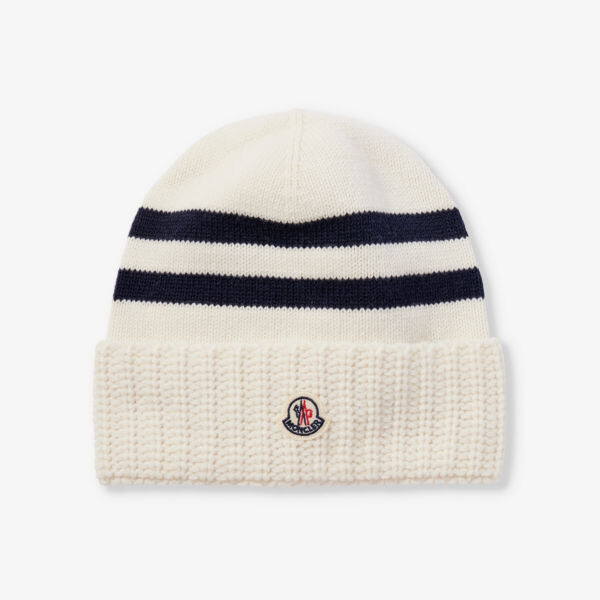 

Шапка-бини из шерсти и кашемира с фирменной нашивкой в полоску Moncler, белый