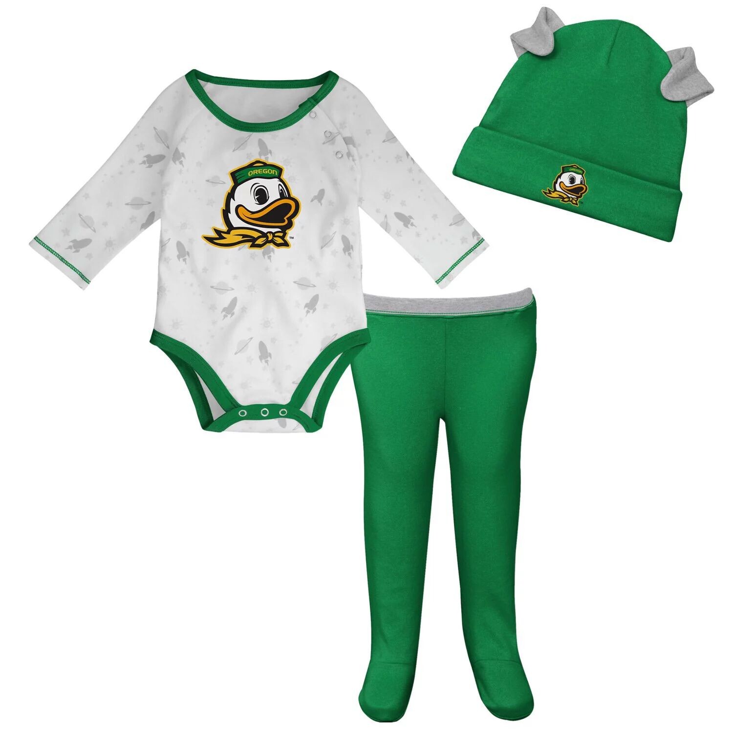 

Зеленый/белый комплект боди с длинными рукавами Oregon Ducks Dream Team для новорожденных и младенцев, шапка и брюки Outerstuff