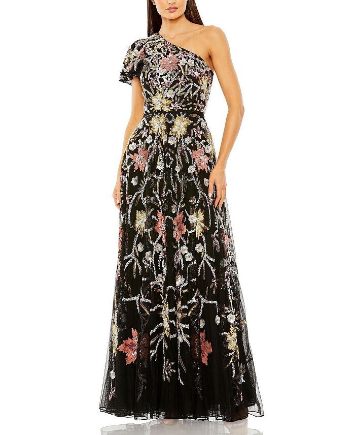 

Mac Duggal Сетчатое платье на одно плечо с бисером, мультиколор