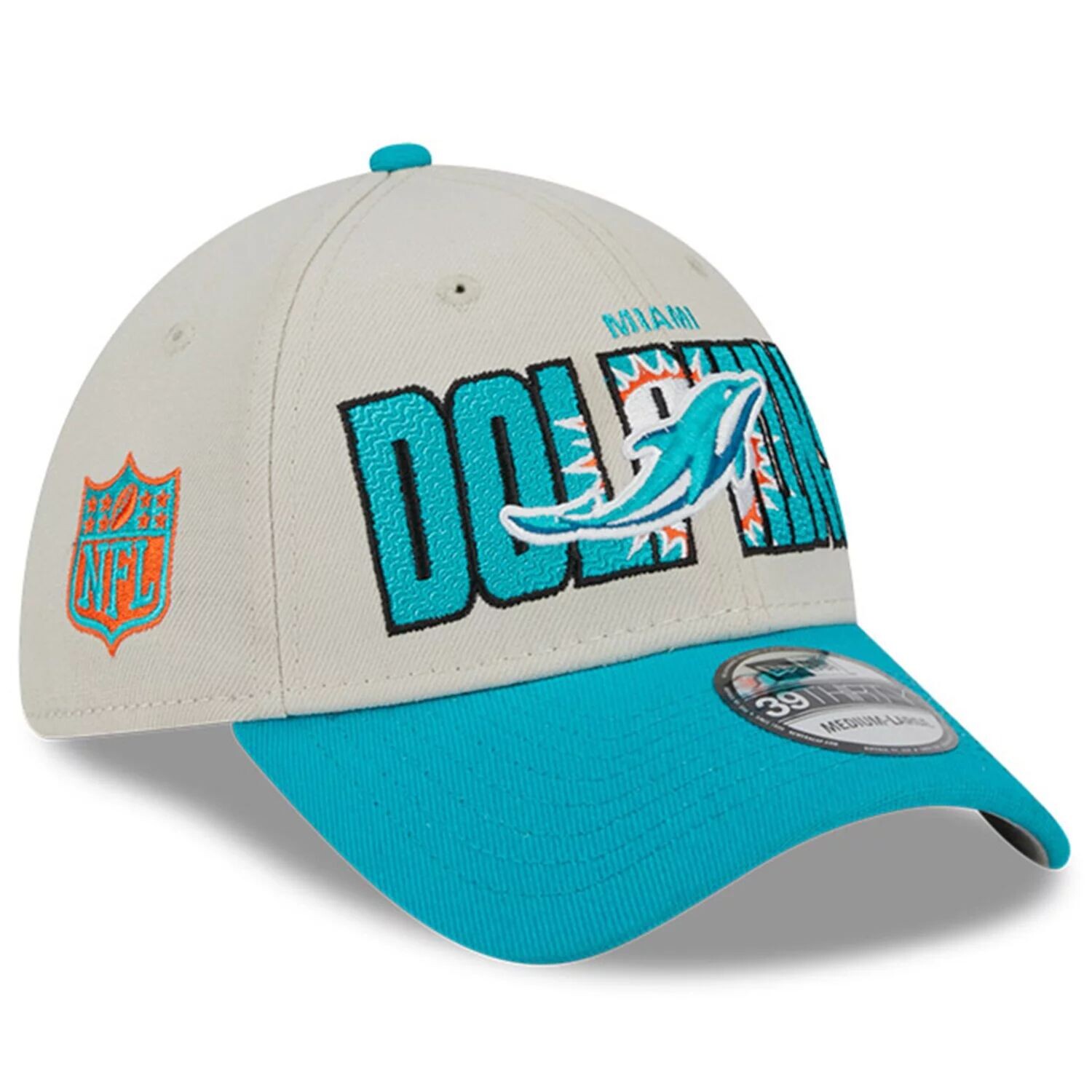 

Мужская гибкая кепка New Era Stone/Aqua Miami Dolphins 2023 NFL Draft 39THIRTY