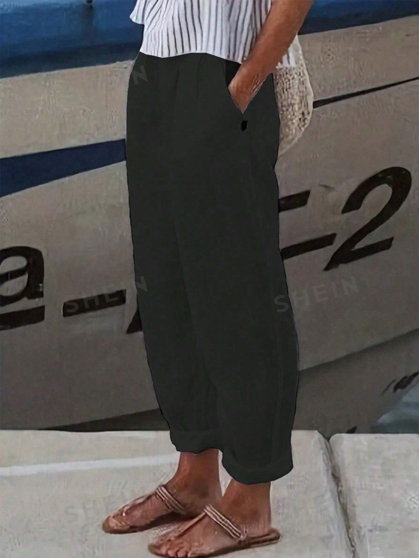 SHEIN LUNE Повседневные брюки с эластичной резинкой на талии и диагональными карманами, черный фото