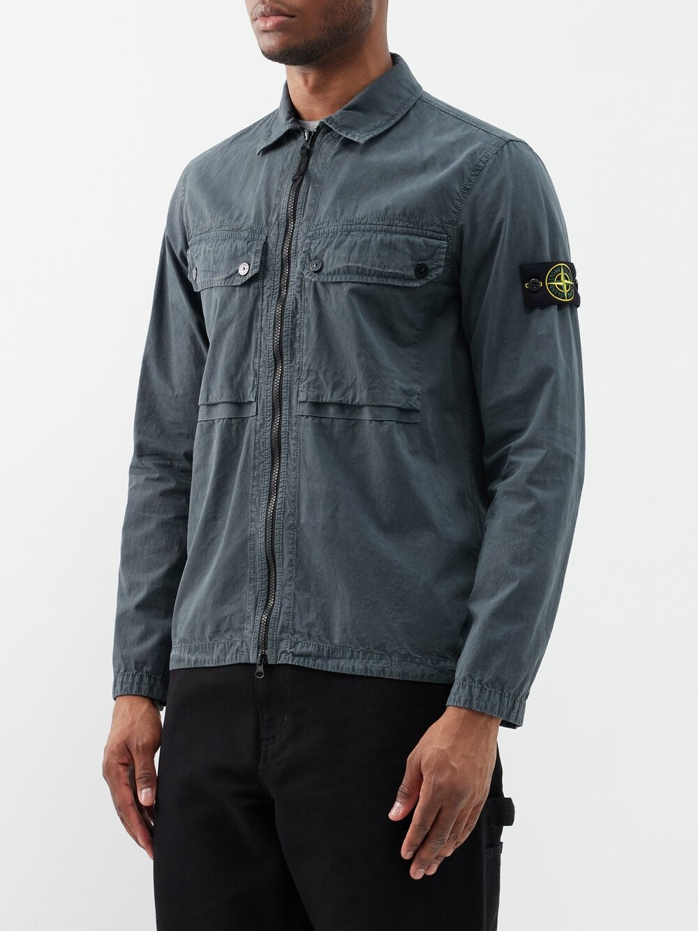 

Хлопковая рубашка на молнии с накладными карманами Stone Island, серый