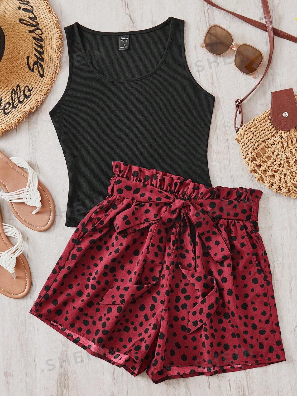 

SHEIN LUNE Высокоэластичный облегающий жилет и шорты с бантом с цветочным принтом, бургундия
