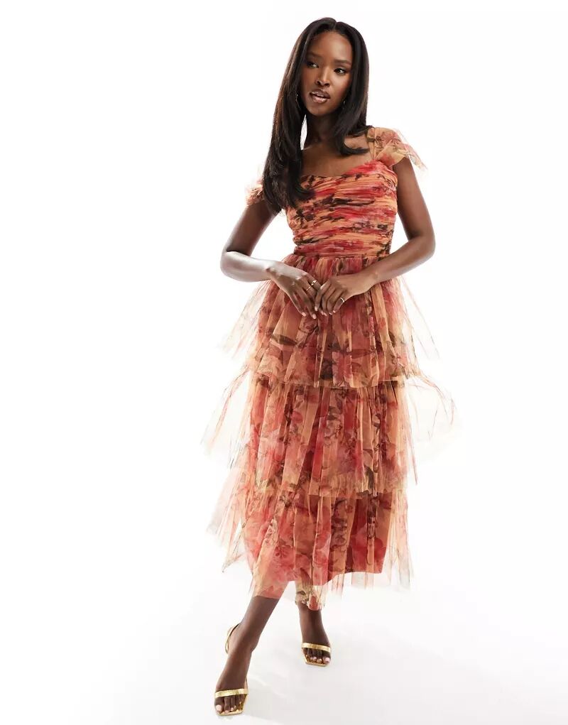 Многоярусное платье миди из тюля Lace & Beads с абстрактным принтом толстовка zara fleece with an abstract print разноцветный