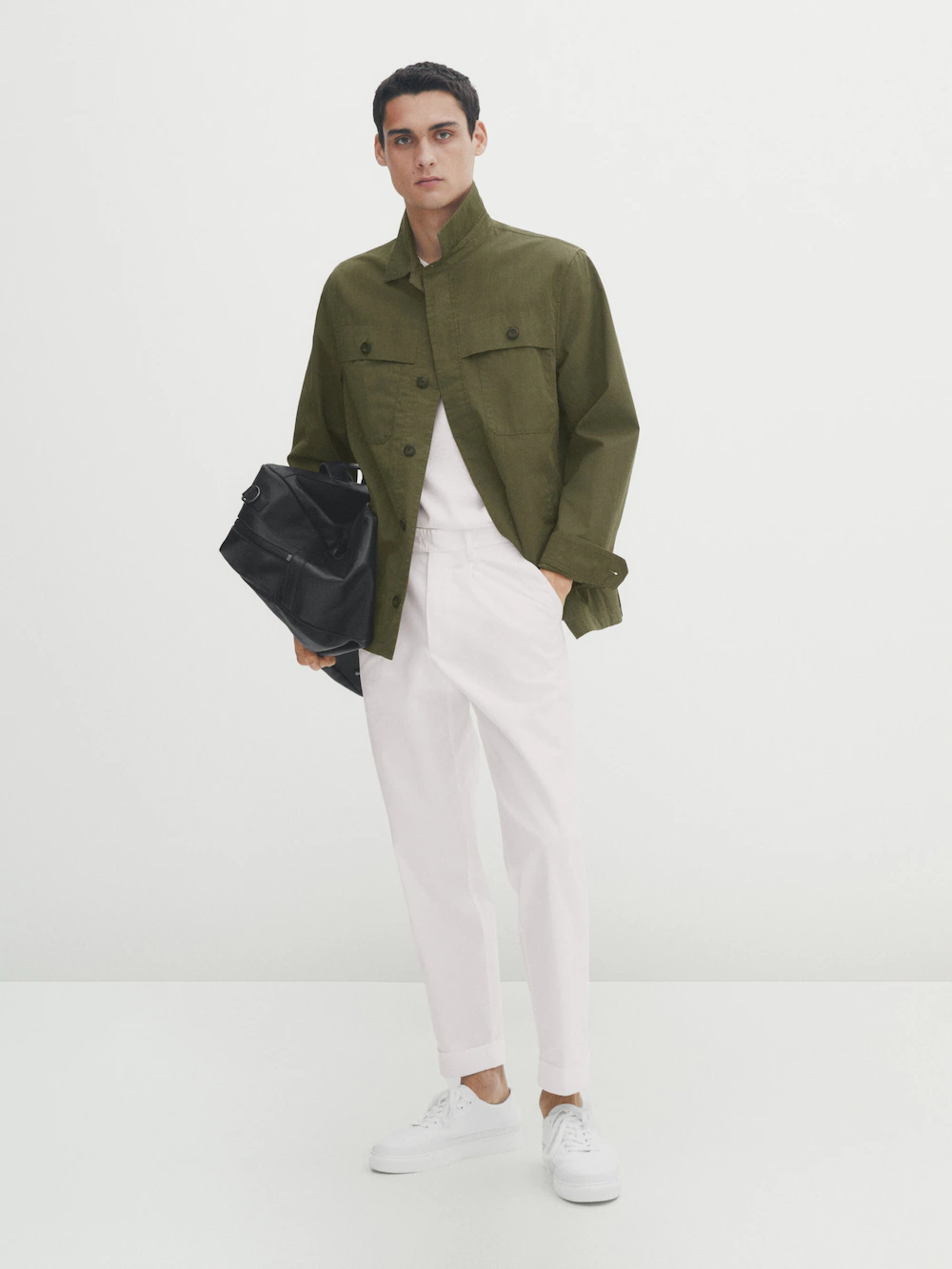 

Рубашка из смешанного хлопка и нейлона с карманами Massimo Dutti, хаки