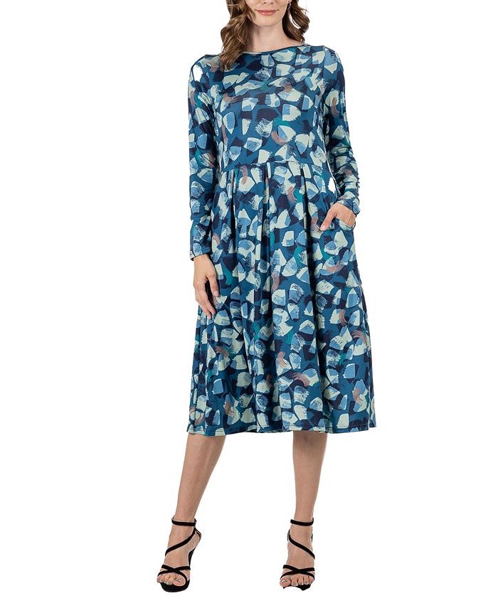 Женское плиссированное платье миди с длинными рукавами и принтом 24seven Comfort Apparel, синий