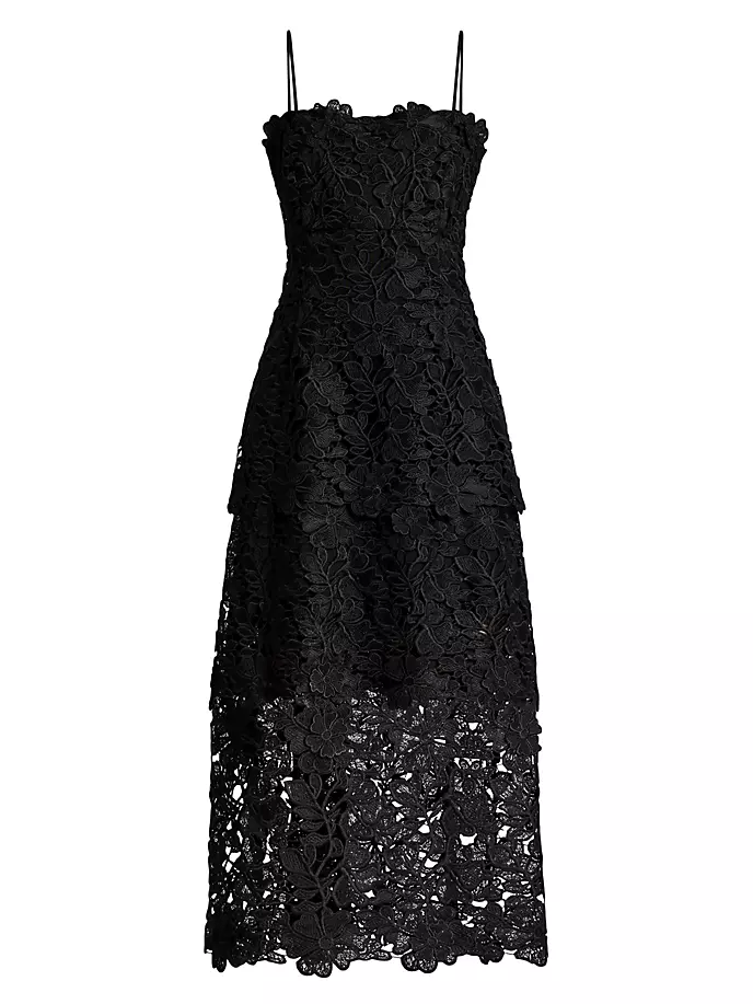 Многоярусное гипюровое кружевное платье миди Zac Posen, черный цена и фото