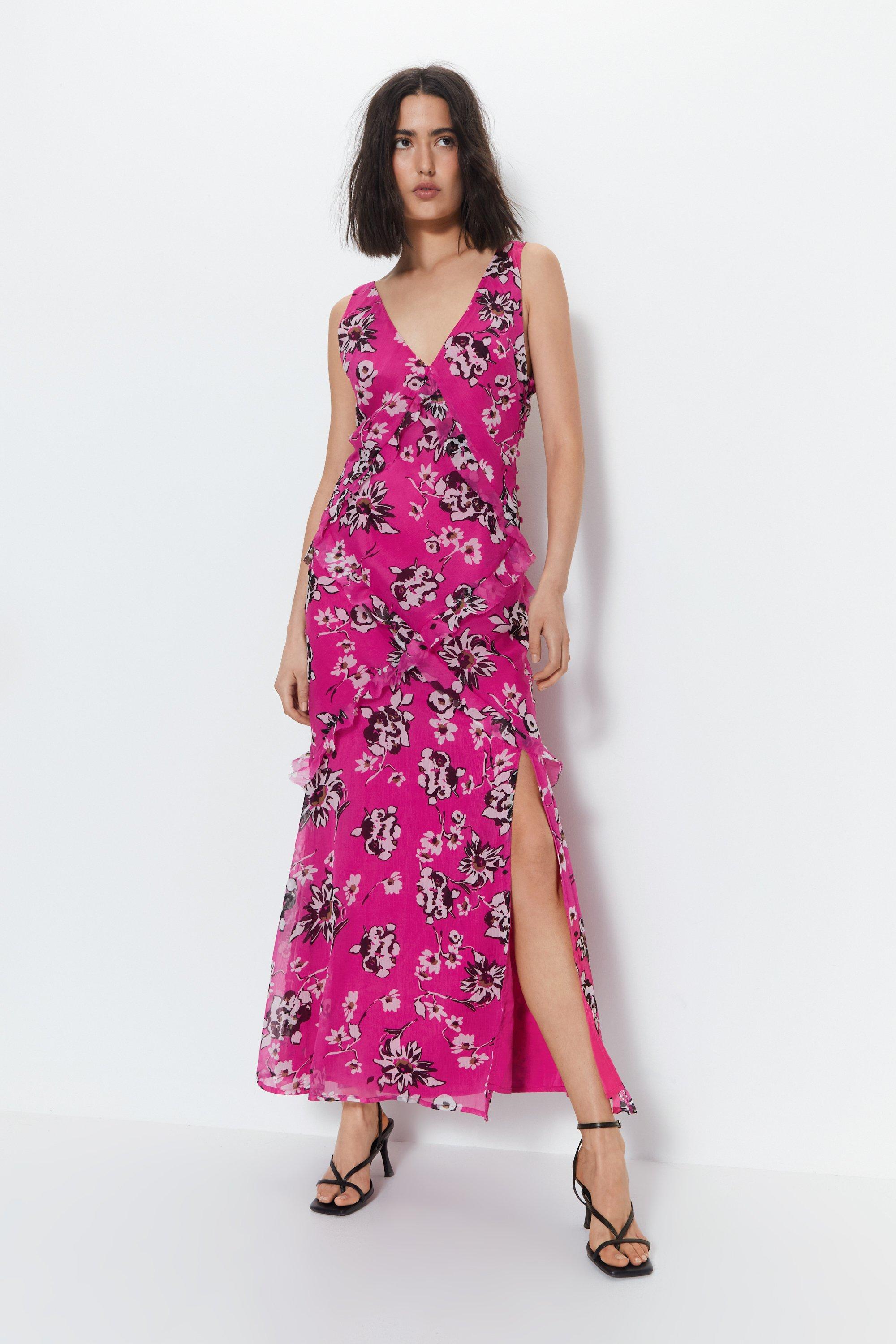 Платье макси премиум-класса с рюшами и цветочным принтом Warehouse, розовый цена и фото