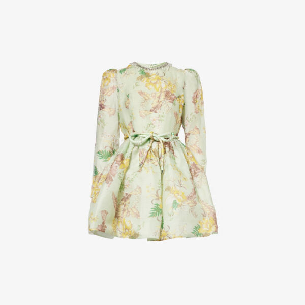 

Мини-платье из льна и шелка с цветочным принтом Tulip Zimmermann, цвет mint tropical floral