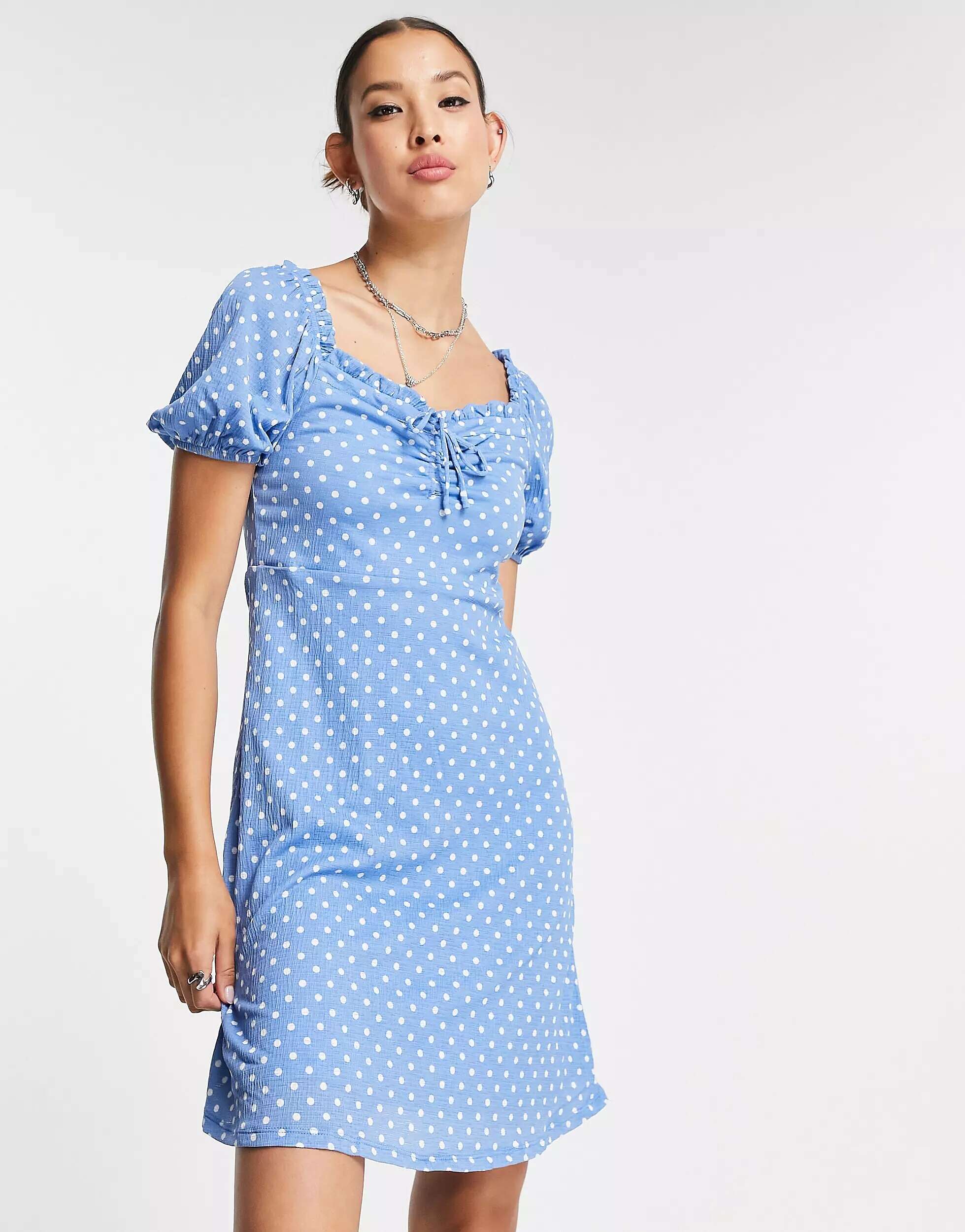 Синее мини-платье с пышными рукавами и завязками спереди ONLY