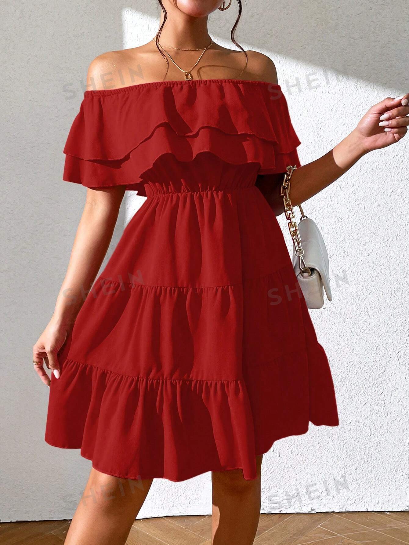 SHEIN Privé женское однотонное платье на одно плечо с оборками и подолом, красный новинка 2023 модное женское облегающее платье с цветочным принтом открытыми плечами и оборками