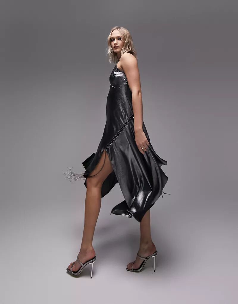 Серебристое асимметричное платье миди со шнуровкой Topshop