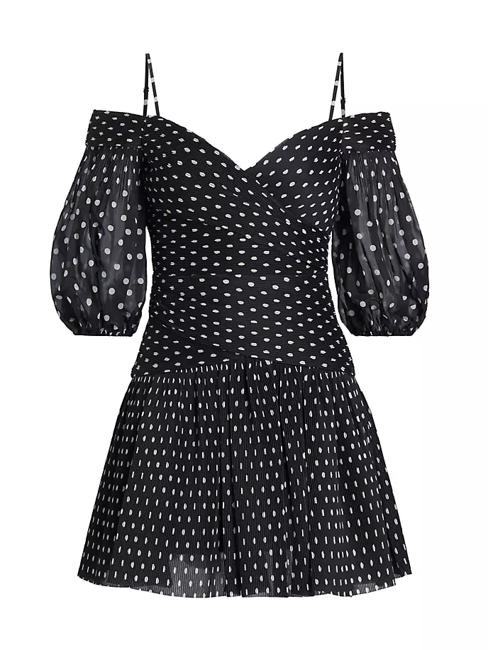 Мини-платье в горошек с открытыми плечами Zimmermann, цвет black cream dot