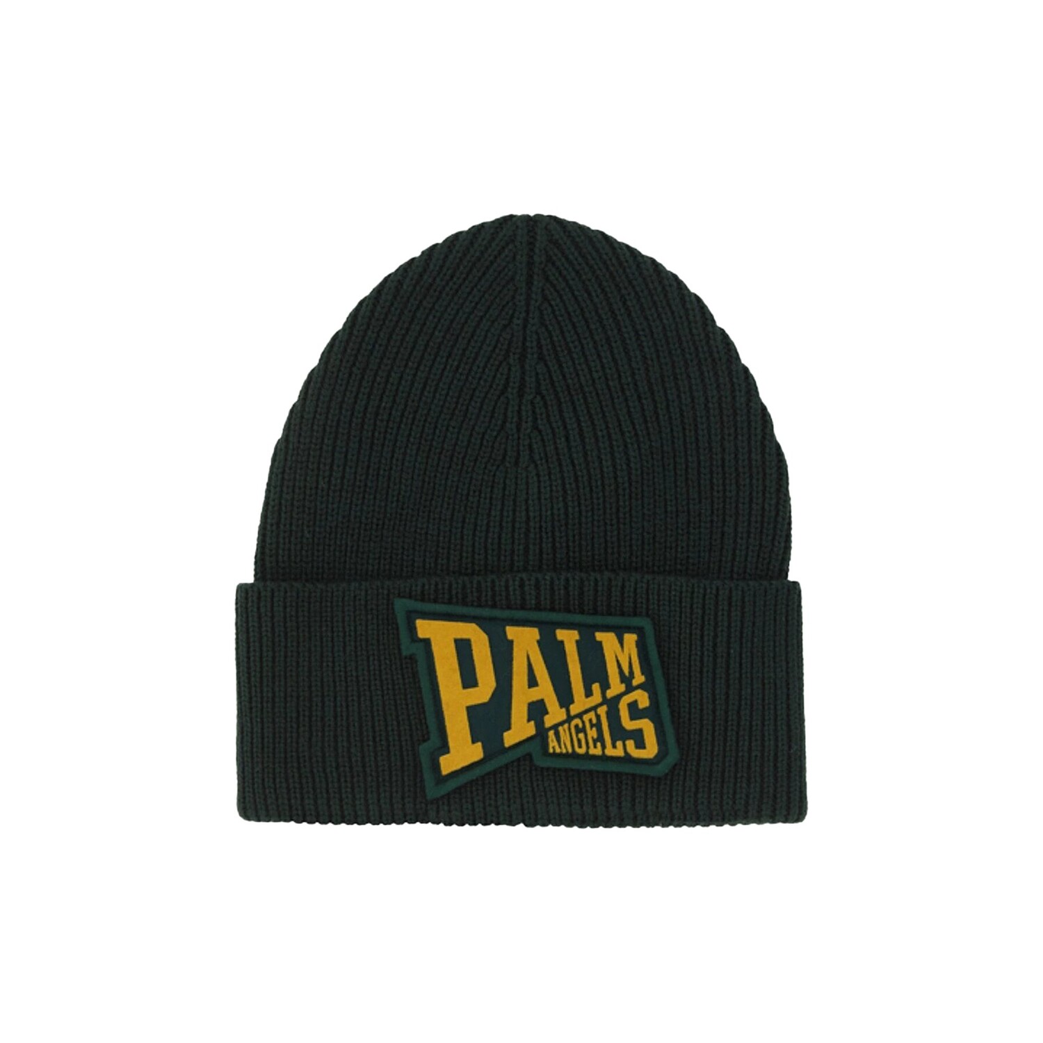 

Вязаная шапка-бини с нашивкой-логотипом Palm Angels, цвет Милитари/Золотой