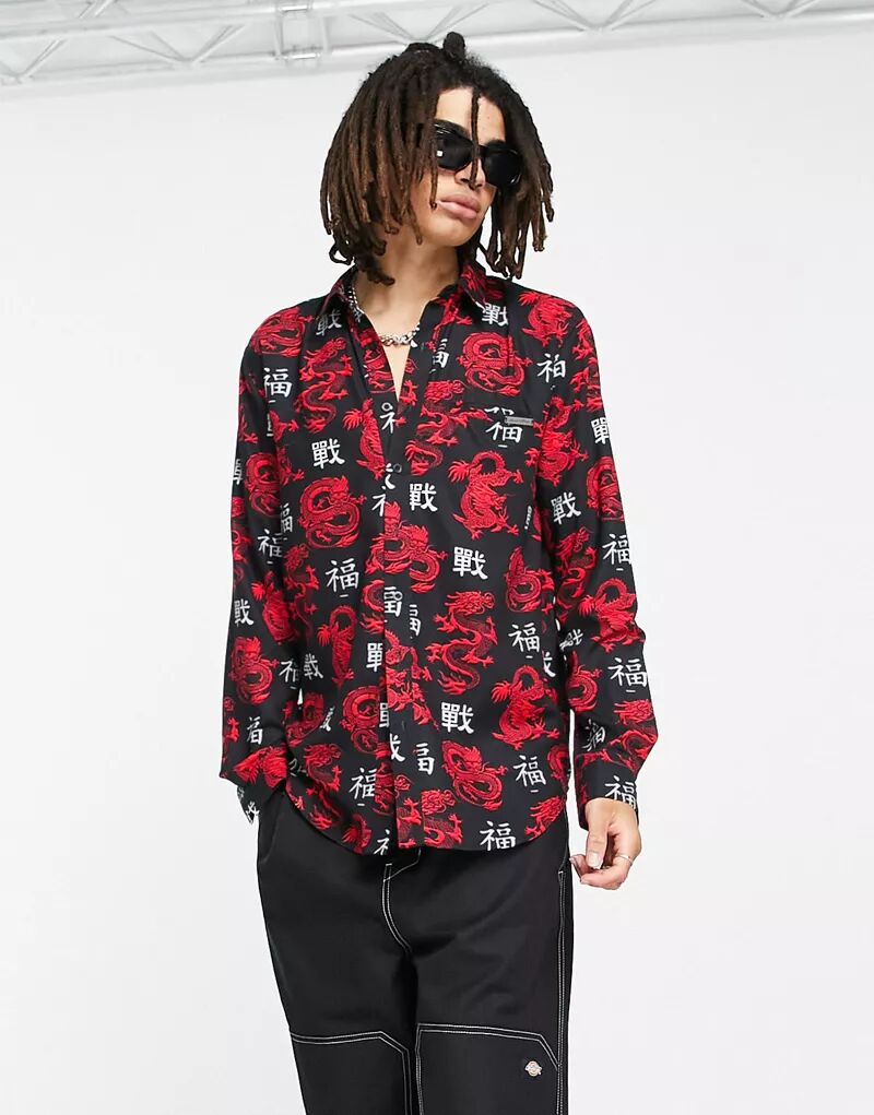 Черная рубашка оверсайз с длинными рукавами и японской надписью Liquor N Poker серый двубортный пиджак оверсайз с принтом дракона liquor n poker
