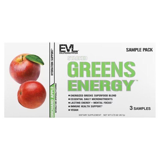 

EVLution Nutrition, Stacked Greens Energy, образец упаковки, фруктовое яблоко, 3 пакетика-стик по 0,2 унции (6,9 г) каждый