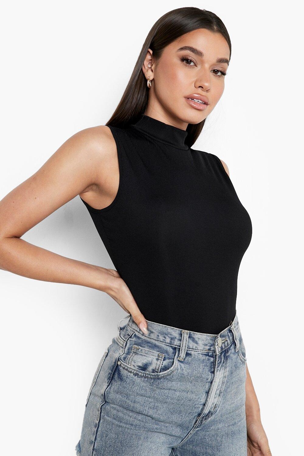 

Боди без рукавов с высоким воротом rib Boohoo, черный