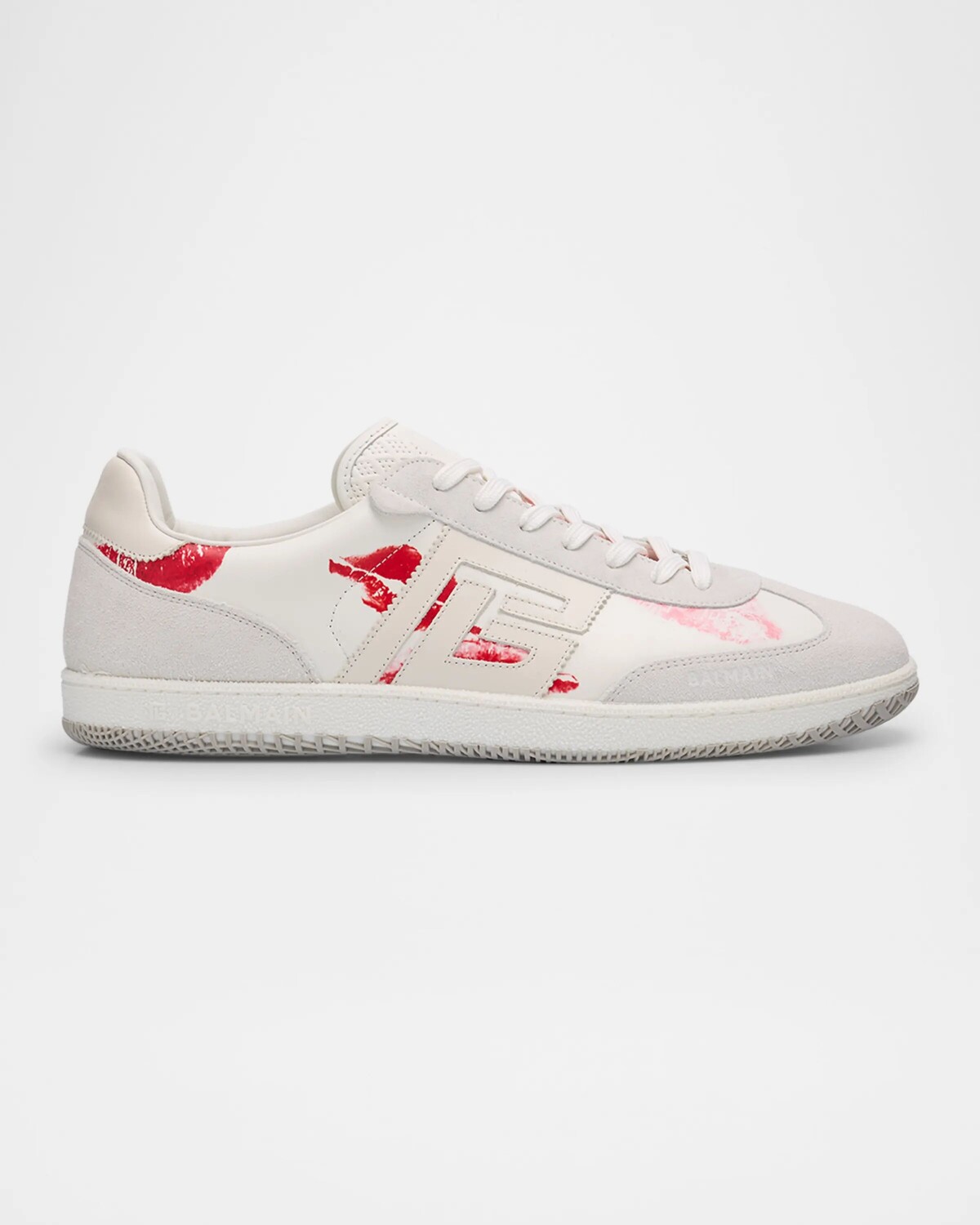 

Мужские кожаные низкие кеды с лебединым поцелуем Balmain, цвет White Red
