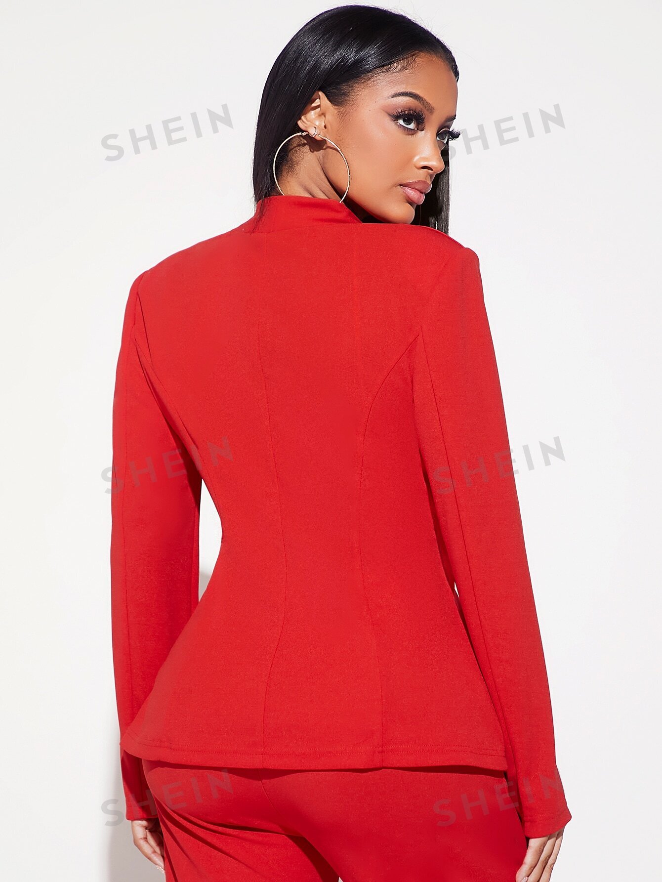 SHEIN SXY Женский однобортный пиджак с закругленным воротником, красный женский однотонный блейзер с отложным воротником осенний модный однотонный блейзер для офиса для женщин костюм с длинным рукавом куртка
