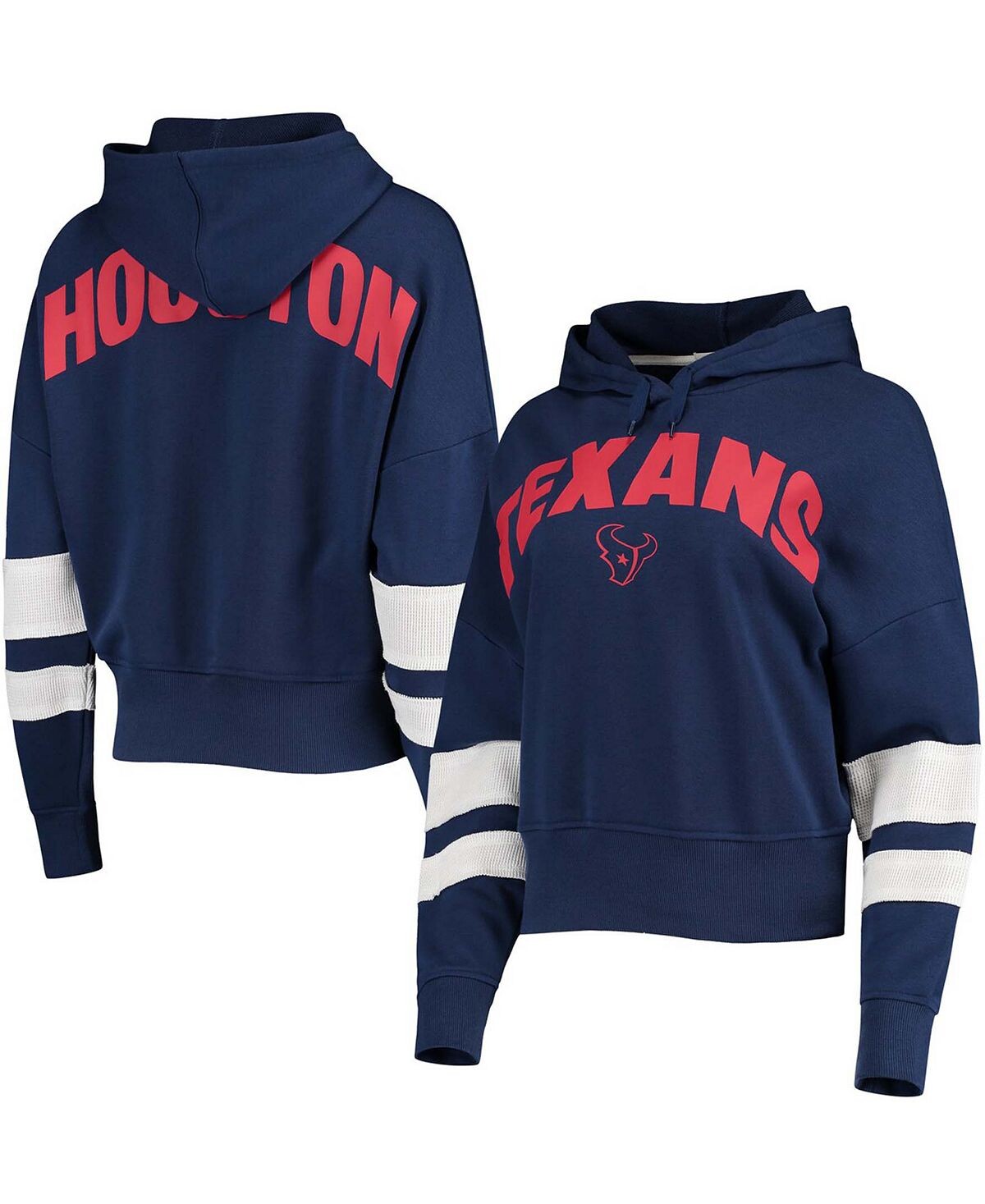 

Женский темно-синий, белый пуловер с капюшоном Houston Texans в полоску по бокам Junk Food, темно-синий