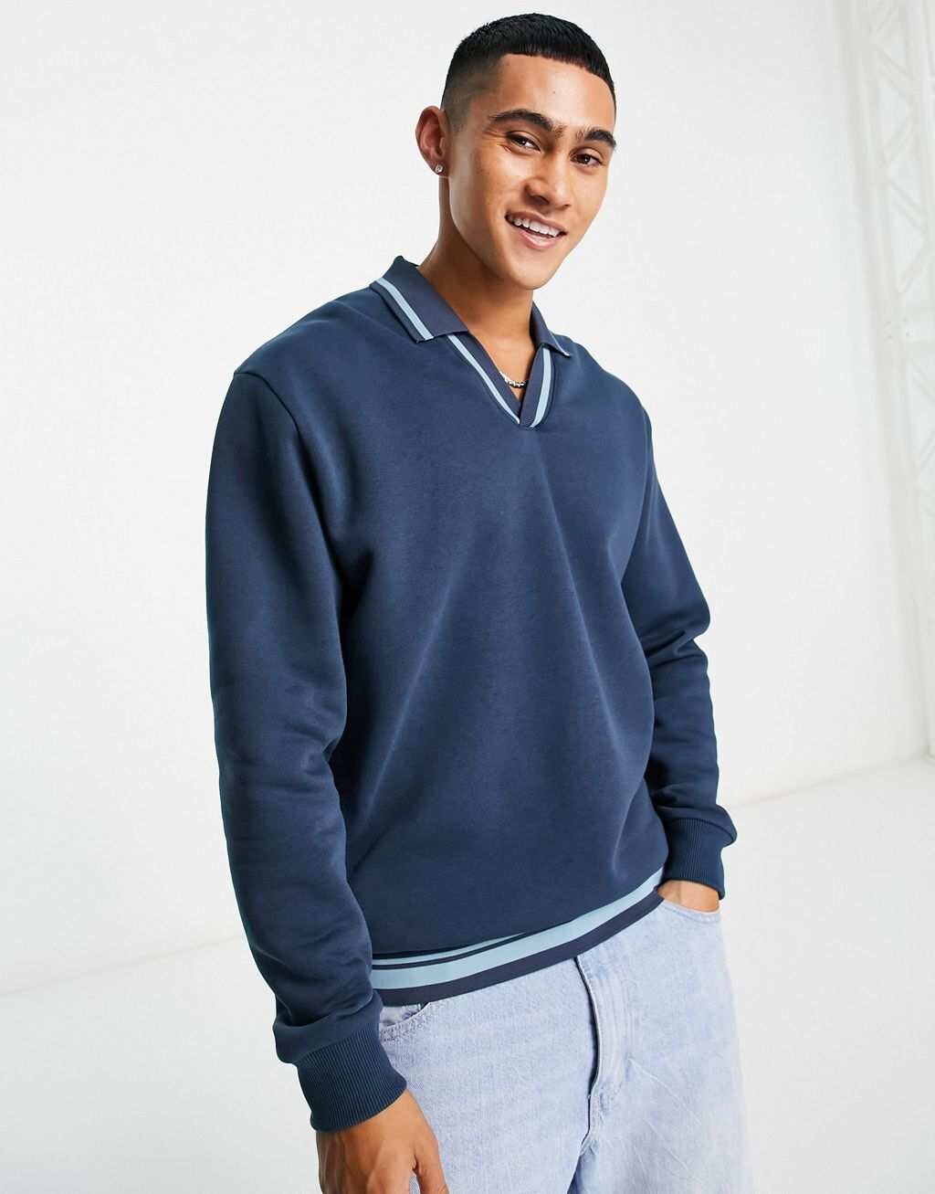 

Темно-синяя объемная толстовка-поло с кантом ASOS DESIGN, Синий
