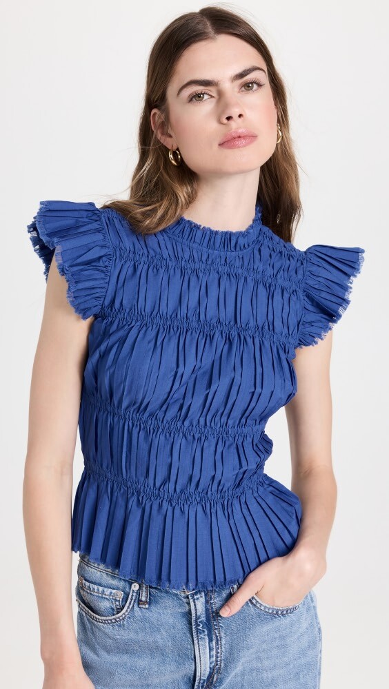 

Топ Sea Greir Pleating Flutter Sleeve, синий