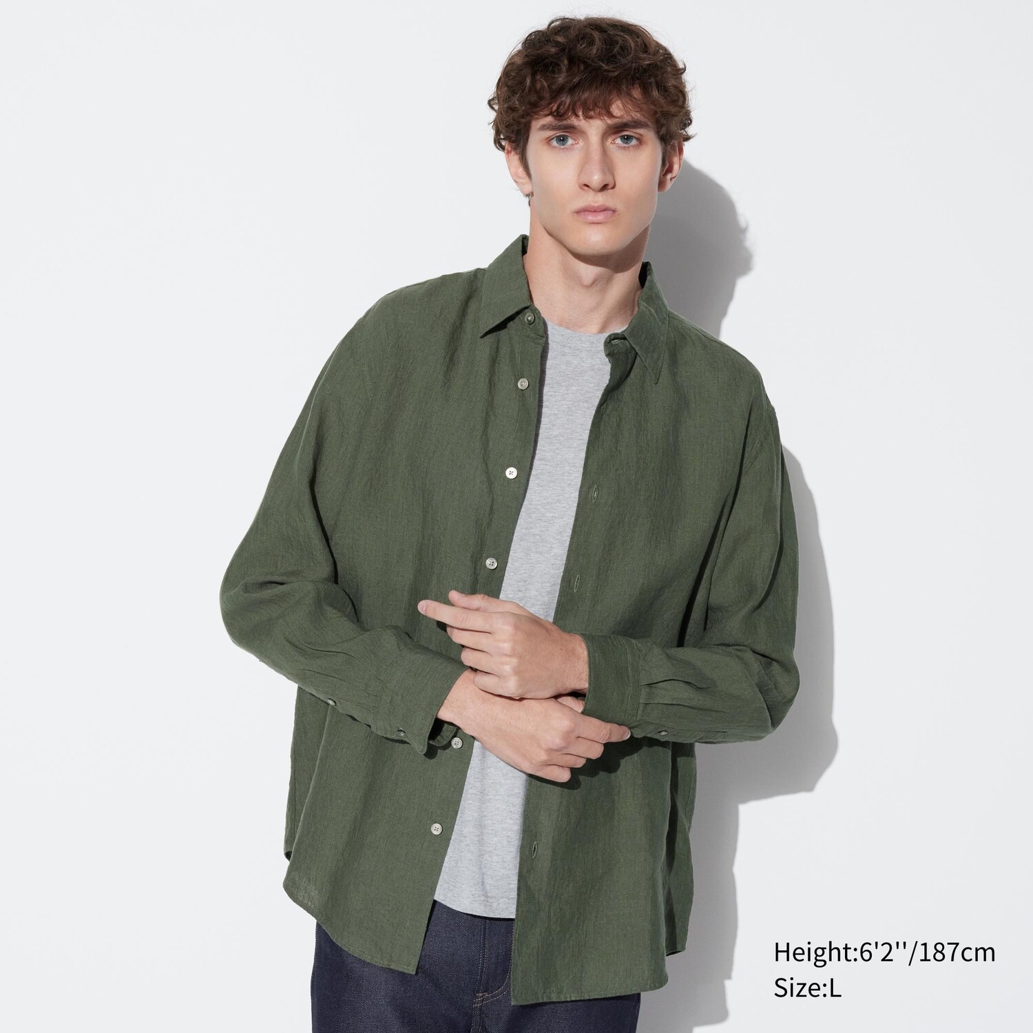 

Рубашка из 100% льна премиум UNIQLO, оливковый