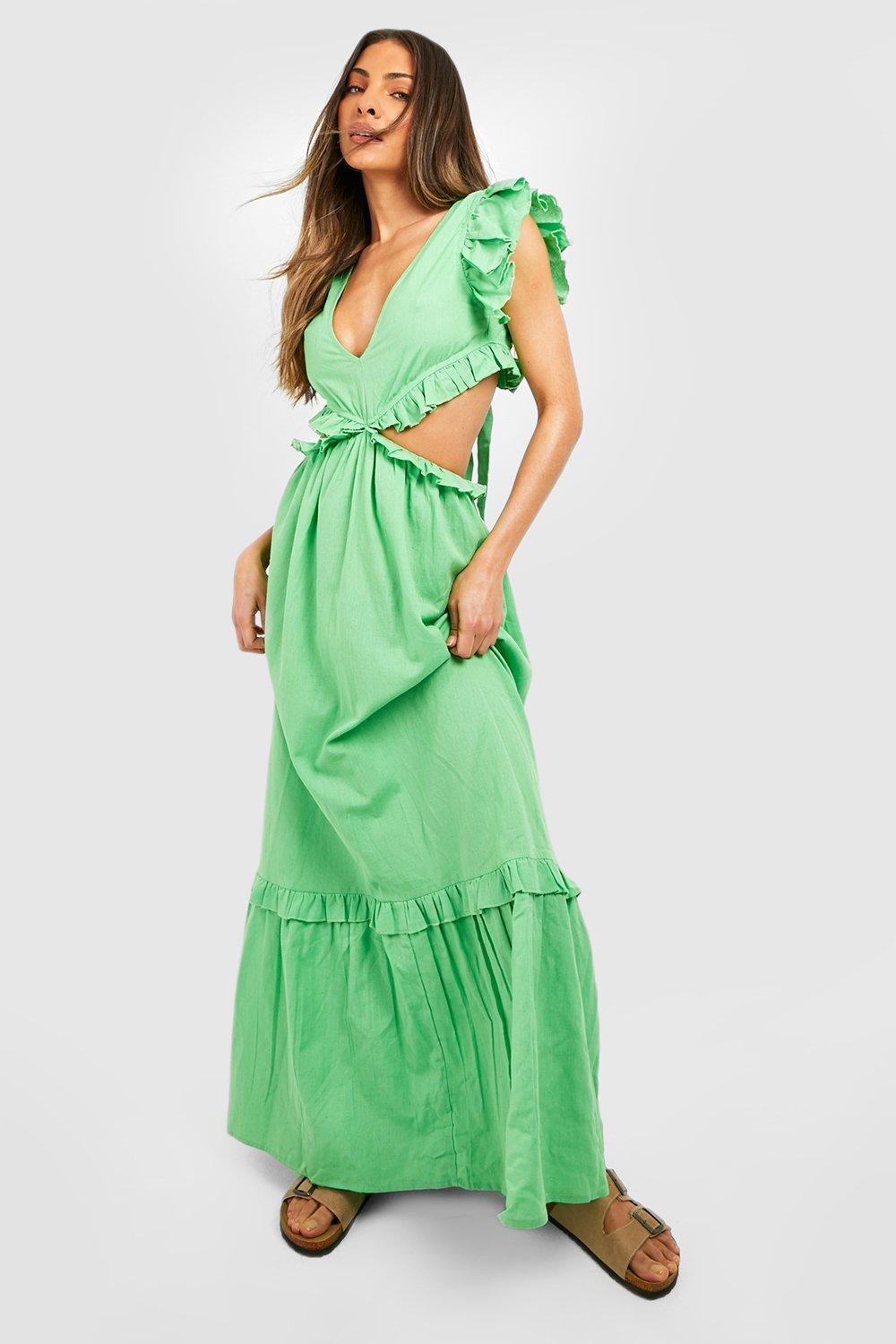 

Льняное платье макси с вырезами Boohoo, зеленый