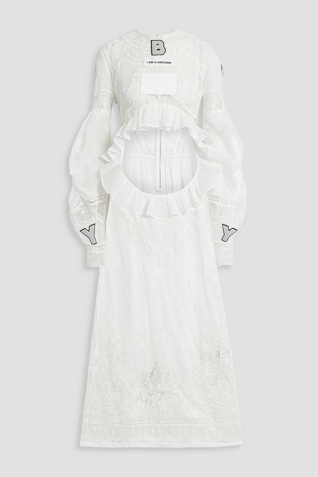 цена Платье макси из хлопковой вуали и кружева крючком с аппликациями и вырезами BURBERRY, белый