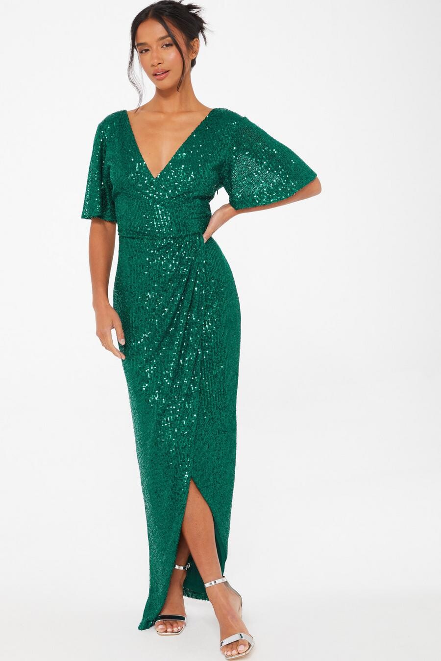 

Платье-макси Petite Bottle Green Sequin с запахом QUIZ Clothing
