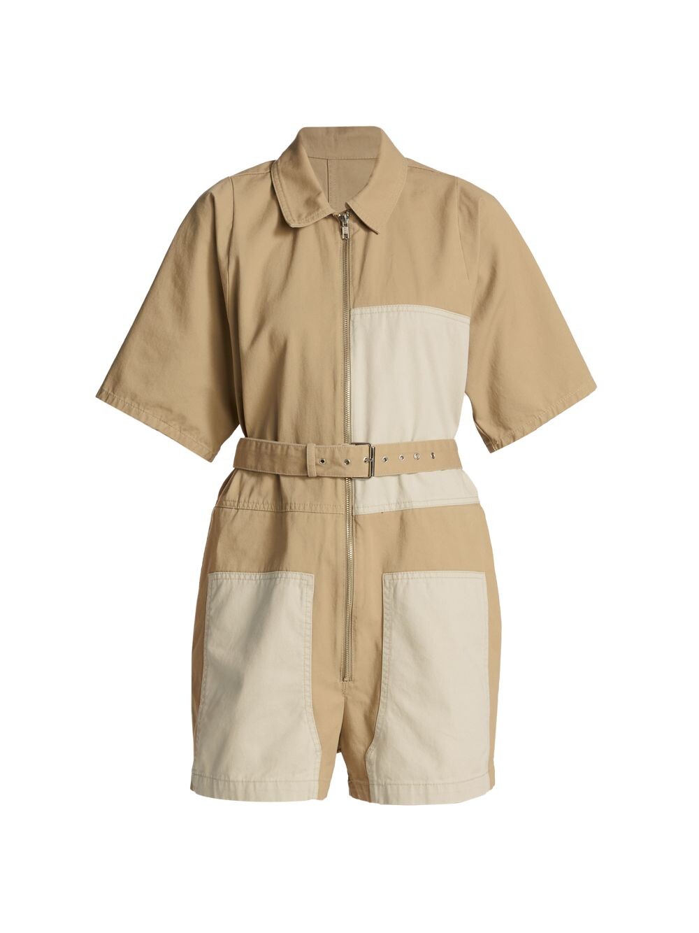 

Удобный короткий комбинезон в технике пэчворк с поясом Rachel Comey, песочный