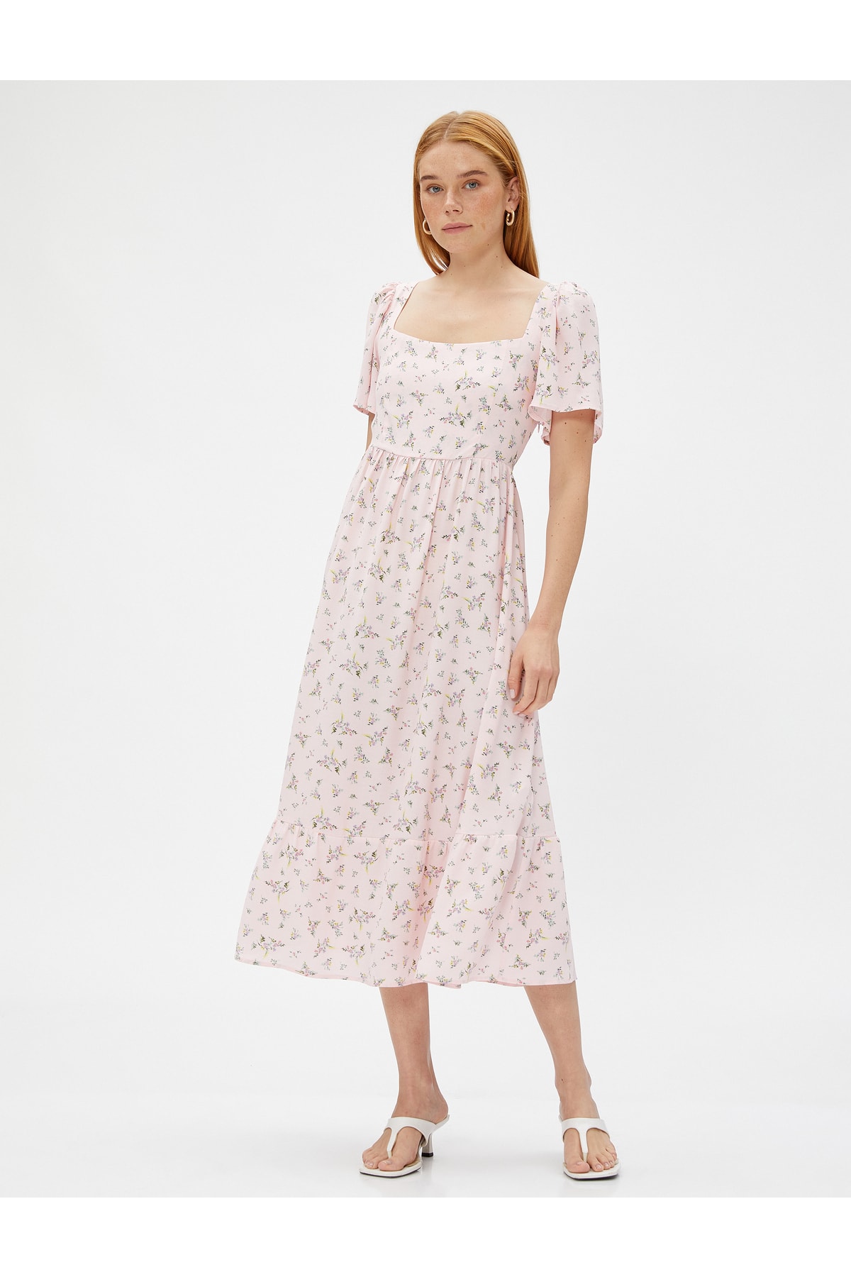 Платье-миди с цветочным принтом и коротким рукавом Koton, розовый