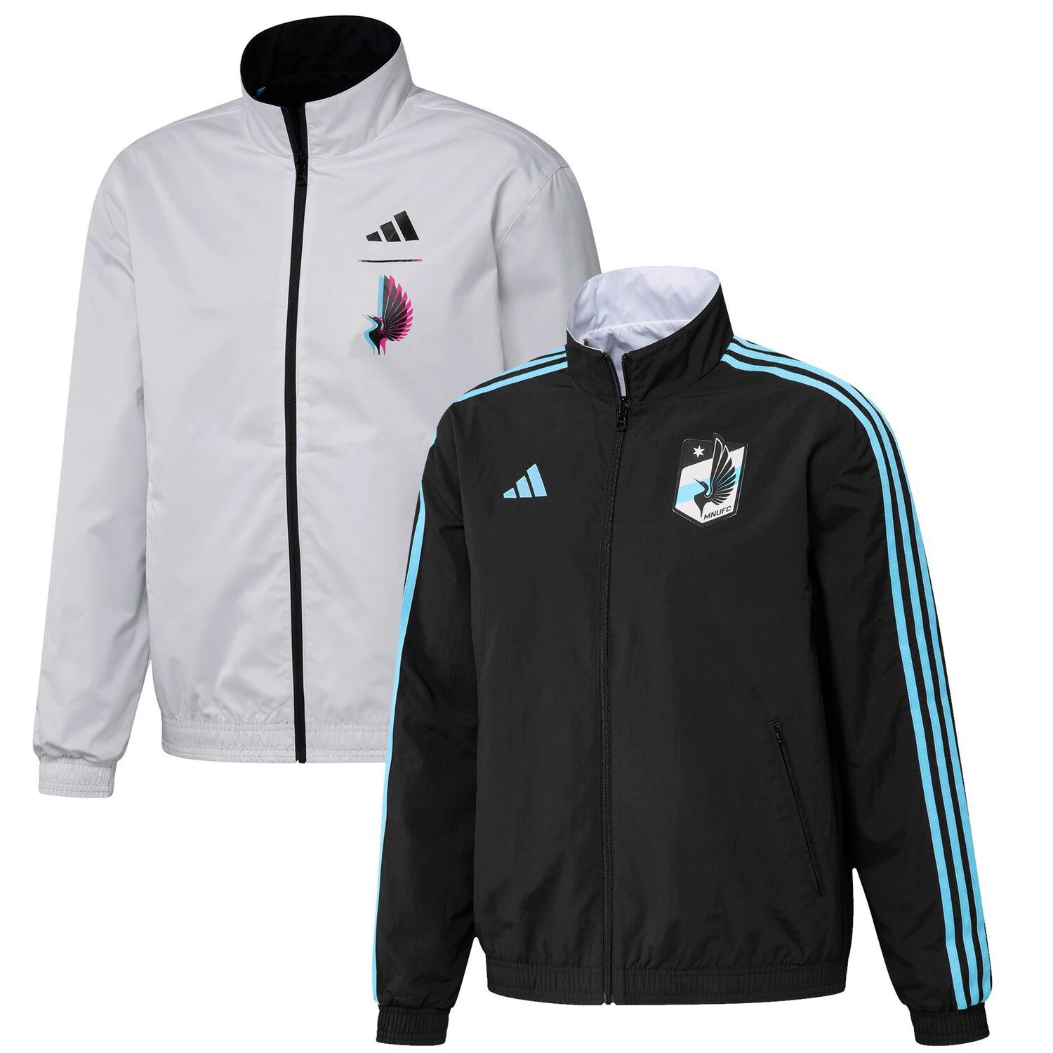 цена Мужская черно-белая двусторонняя командная куртка с молнией во всю длину и логотипом футбольного клуба Миннесота Юнайтед 2023 adidas