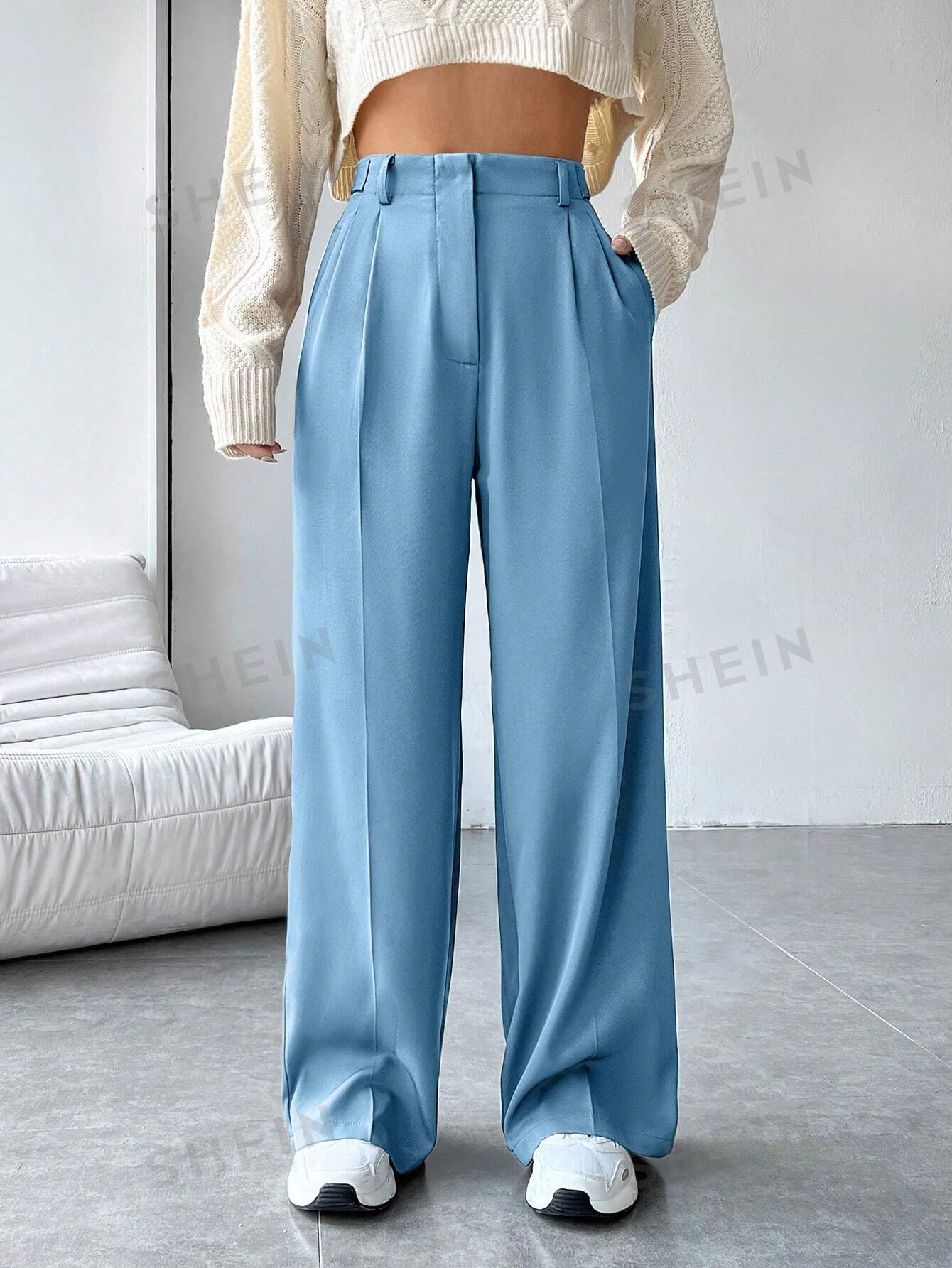 цена SHEIN EZwear Женские однотонные плиссированные костюмные брюки, синий