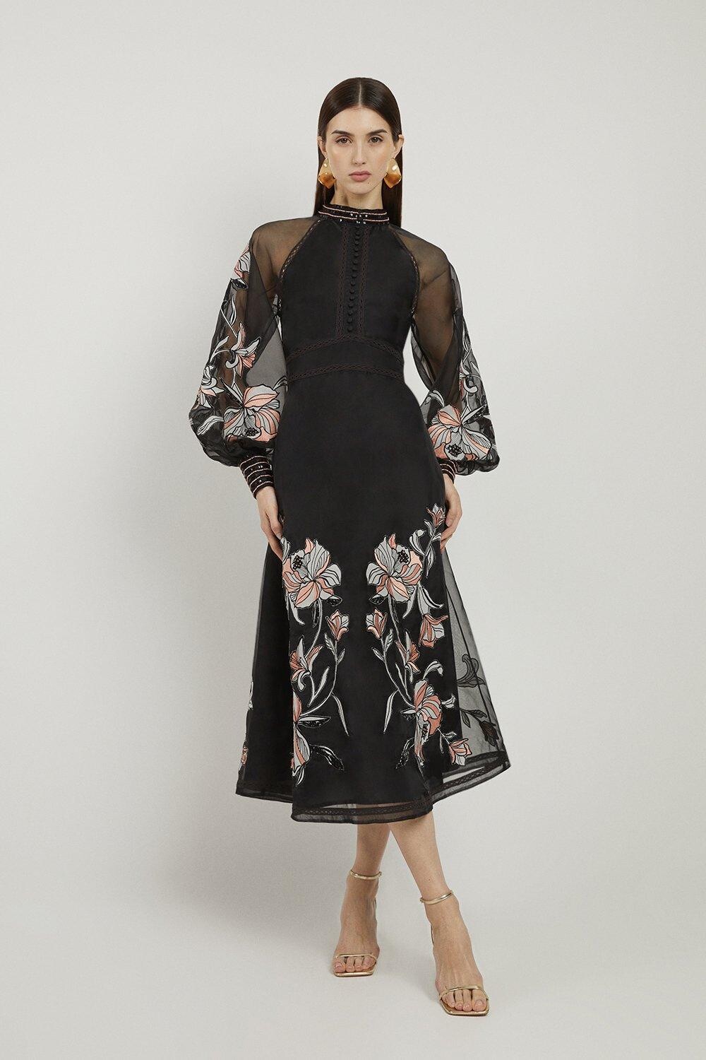 

Платье миди из органди с высокой цветочной вышивкой Karen Millen, черный