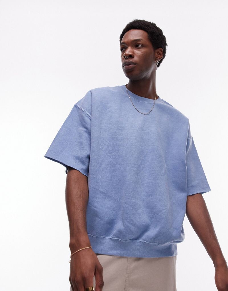

Синяя толстовка с короткими рукавами и потертостями Topman