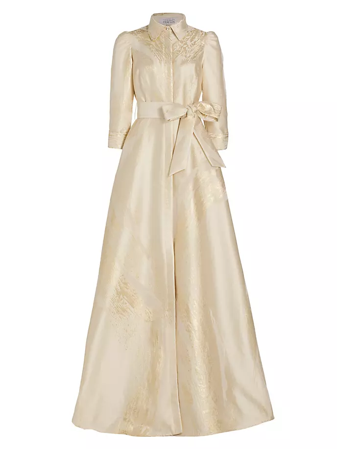 Жаккардовое платье цвета металлик с поясом Teri Jon By Rickie Freeman, золото