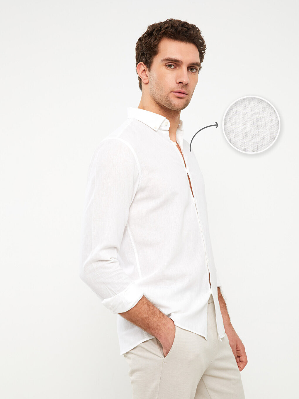 

Мужская рубашка из смесового льна Slim Fit с длинным рукавом LCW Vision, буксе белый