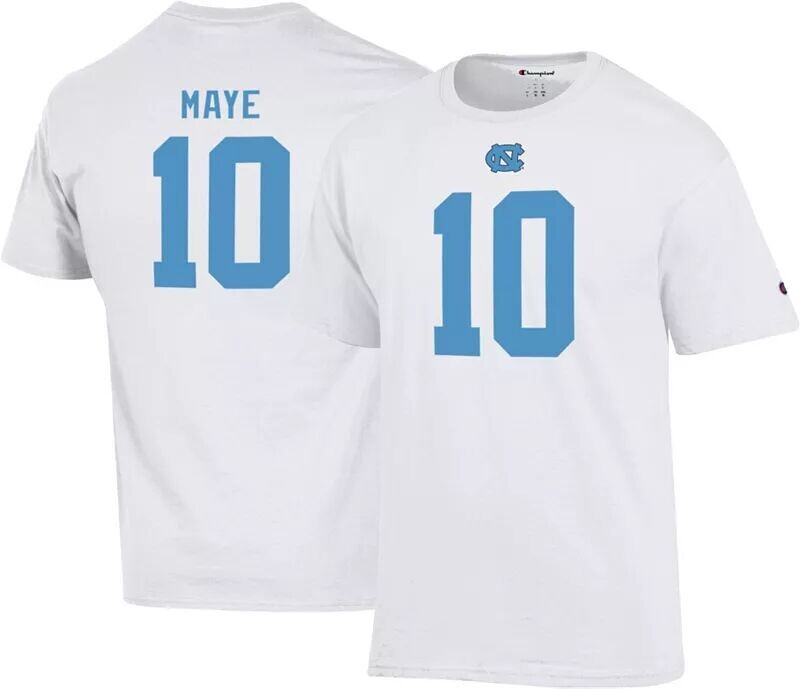 

Мужская белая футболка Champion North Carolina Tar Heels Drake Maye #10