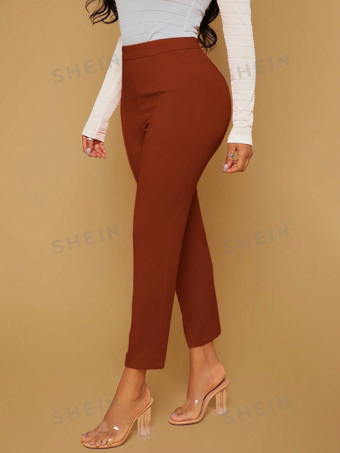 SHEIN SXY Женские однотонные брюки узкого кроя полной длины, раст браун цена и фото