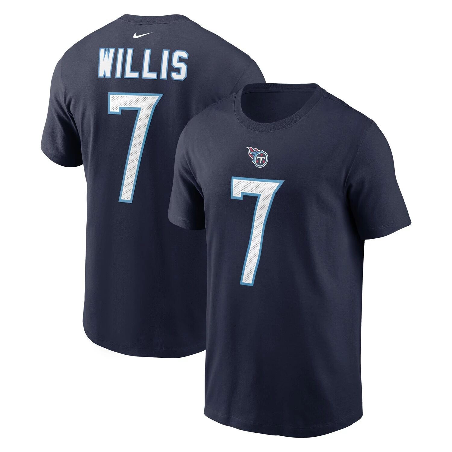 

Мужская футболка Nike Malik Willis Navy Tennessee Titans с именем и номером игрока на драфте НФЛ 2022