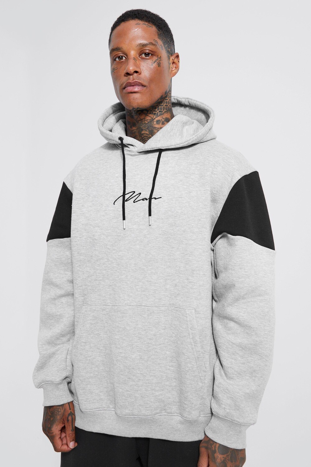 

Худи oversize man signature color block Boohoo, серый
