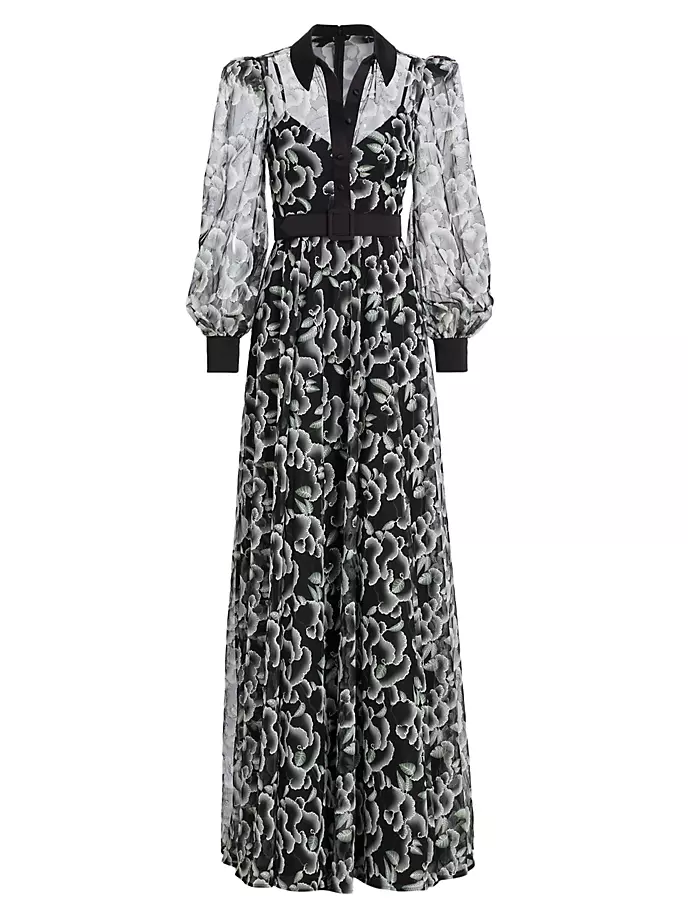 

Платье-рубашка макси из тюля с облачным принтом Badgley Mischka, белый